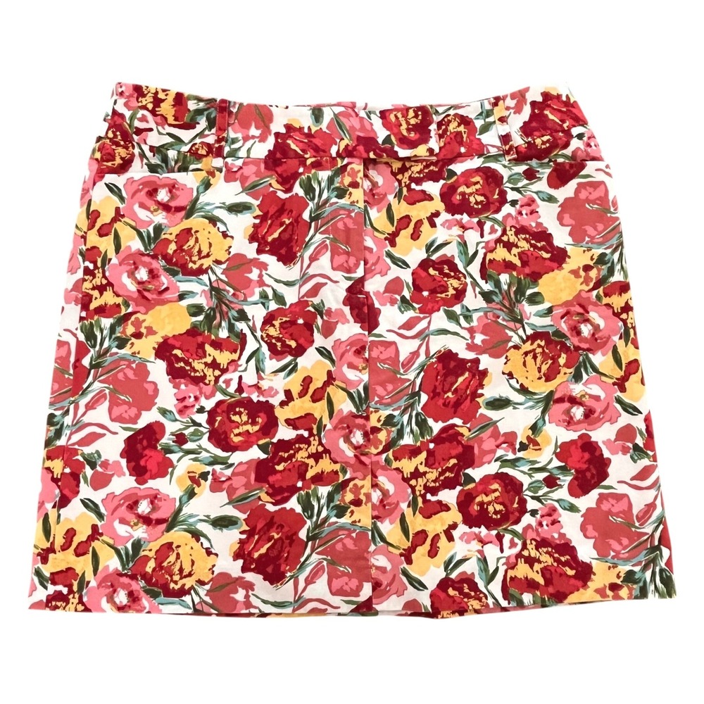 Ann Taylor Loft A-Line Short Skirt 12 Red Floral Lined Cotton Faille Botanical